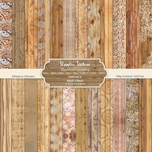 6-inch Wooden Patterned Scrapbook Paper Pad, 24 Sheets Double Sided Retro Aesthetic Origami Paper for Journaling, Collage, DIY Card, Folded Photo Album, Handmade Crafts & Decor Projects