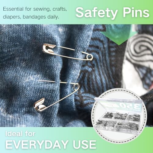 350 Pack Silver Safety Pins for Clothes 5 Assorted Sizes Strong Heavy Duty
