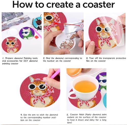 8 Pcs Cat Diamond Painting Coasters Kits with Holder,Cat Wearing Glasses Diamond Art Coasters with Wooden Pad for Adult,DIY Round Drill Gem Drink Coaster Art Craft Supplies for Home Decor 4x4 Inch.