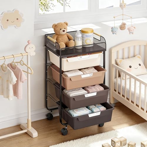 SYKIARIOL 4-Drawer Rolling Storage Cart with Mesh Top,Brown