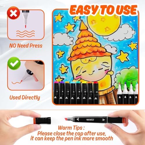 VBESTARTLY 168 Colors Alcohol Markers with Base, Permanent Dual Tip Art Markers for Adults Anime Coloring Sketch Illustrations Pefect for Gift- Refillable