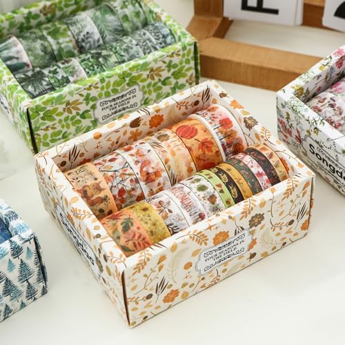 18 Rolls Seasons Flowers Washi Tape Set Floral Arts Adhesive Tapes Blooming Garden Decorative Masking Tape Sets for Craft, Kids, Scrapbook, DIY, Gift Wrapping (Autumn)