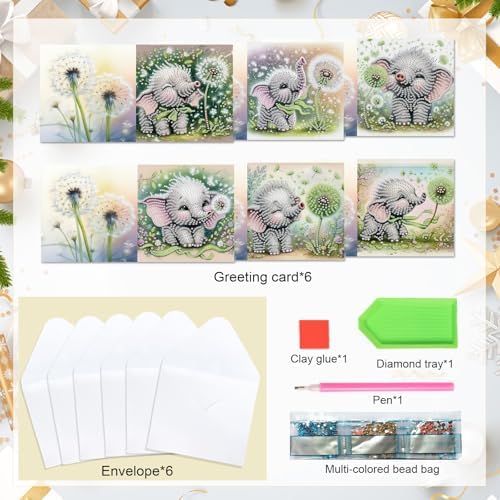 AiYuanzsh 6 Pack Diamond Art Greeting Card Kits with Envelopes, Special Shaped Diamond Painting Cards, DIY Rhinestone Diamond Art Cards for Birthday Christmas Holiday (Elephant and Dandelion)