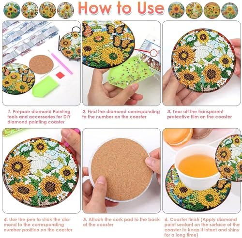 ijbnhd 8 Pcs Sunflower Diamond Art Coasters Kit Diamond Painting Coasters