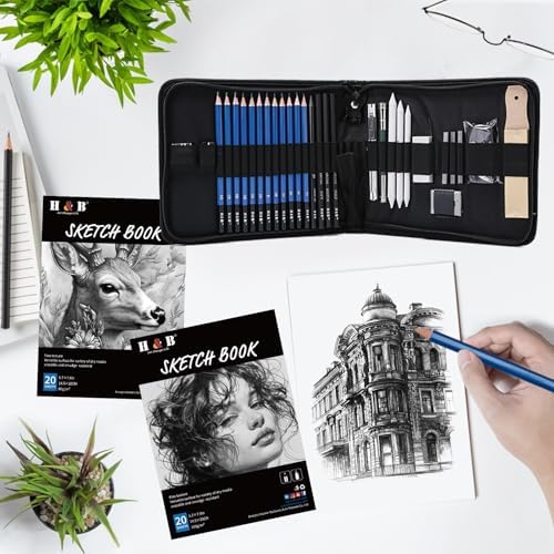 H & B 36 Pack Drawing Set Sketch Kit,Sketching Supplies with 2 sketch pad, Graphite Pencils, Charcoal Sticks, Eraser, Pro Art Drawing Kit for Artists Beginner Adults, Ideal for Shading, Blending