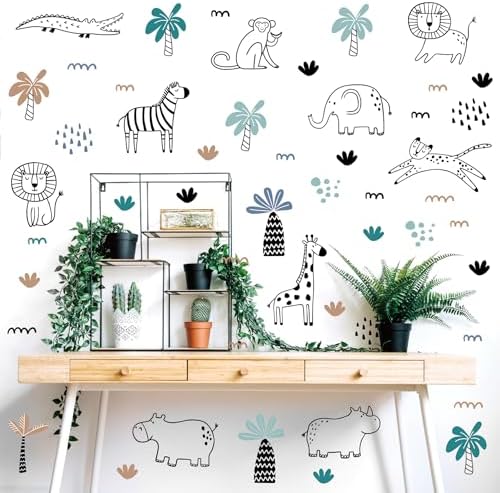 AOWDIAO Safari Wildlife Animal Wall Decals Line Art Peel & Stick Decor for Kids’ Room & Nursery
