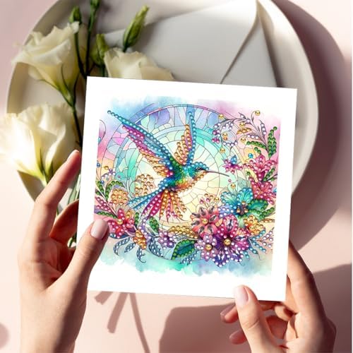 Diamond Art Cards with Envelopes–6PCS DIY Diamond Painting Greeting Cards Kit | Card Making Kit with Bling for Adults & Beginners | Birthday,Holiday & Thank You Cards (Flower Hummingbird)