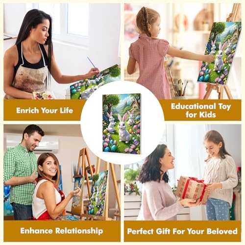 Bowetile Framed Paint by Numbers Easter Kit for Adults, Adults' Paint-by-Number Bunny Kits on Canvas, Painting by Numbers Rabbit, DIY Acrylic Number Painting for Home Wall Decor, 8x12in