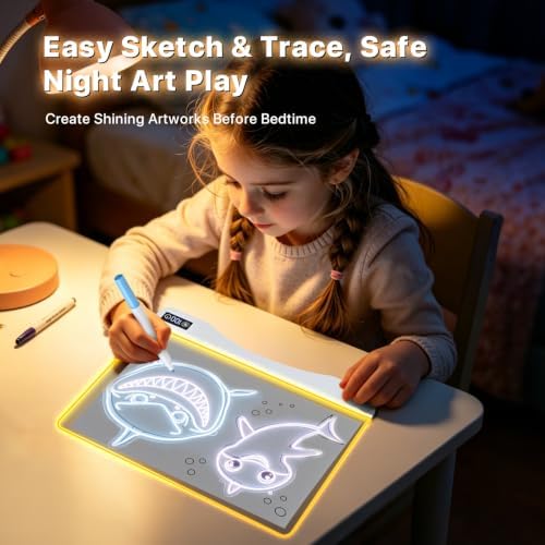 Rechargeable LED Glow Drawing Board, 9 Colors 6 Light Modes Scratch Proof Dry Erase Art Set with Stand, 12 Markers & Sketch Book, Birthday Gift for Toddlers Kids Ages 3+