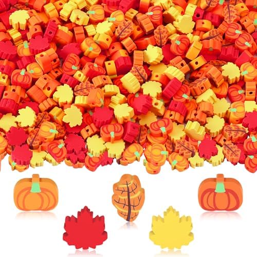 300Pcs Fall Leaf Pumpkin Polymer Clay Beads for Jewelry Making