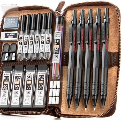 Nicpro 20PCS Black Metal Mechanical Pencil Set in Leather Case
