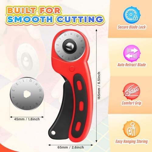 DIYSELF Rolling Cutter for Fabric 45mm, 5 Extra Blades, Safety Lock Cutter