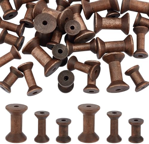 BENECREAT 30Pcs 3 Sizes Antique Wooden Empty Spools, Empty Thread Spools Wooden Ribbon Spools Bobbins for Wire Weaving Arts DIY Wood Projects, 10pcs/Size
