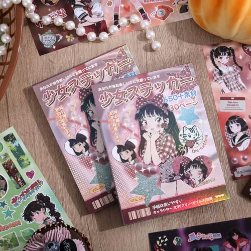 Girl's Japanese Retro Sticker Book, Anime Showa Girl Theme - 650+ Cute Old Showa Style Comics Stickers, for DIY Scrapbooking Journaling Handbook Decoration