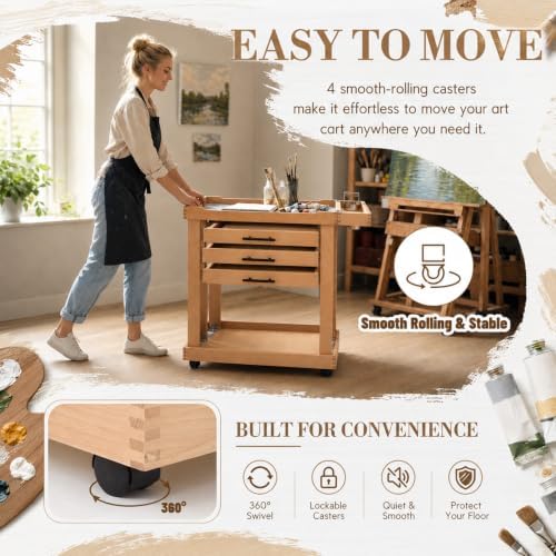 Art Supplies Storage Cart 5-Tier Solid Beech Wood 3 Drawers 4 Rolling Wheel