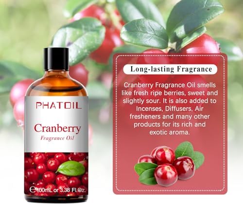 PHATOIL Cranberry Fragrance Oil for Diffuser Aromatherapy 3.38FL.OZ | Long Lasting Scented Oils For Humidifier, Air Freshener, DIY Soap Candle, Scent Project Making, Aroma Oil for Home Freshening