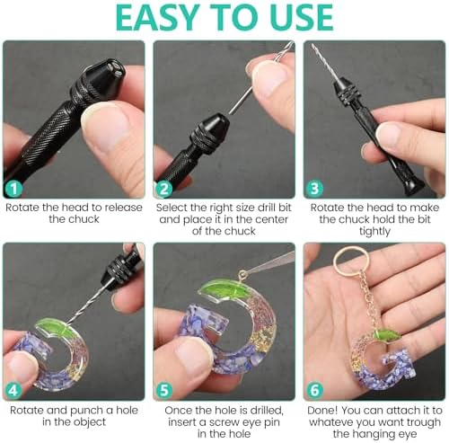 Hand Drill Set for Resin Crafts, Pin Vise Jewelry Making Kit with 10 Drill Bits, 600 Eye Screws, 15 Keychain Rings – Push Drill Tool for Epoxy, Molds, DIY Projects (Pin Vise Hand Drill Set - 1)