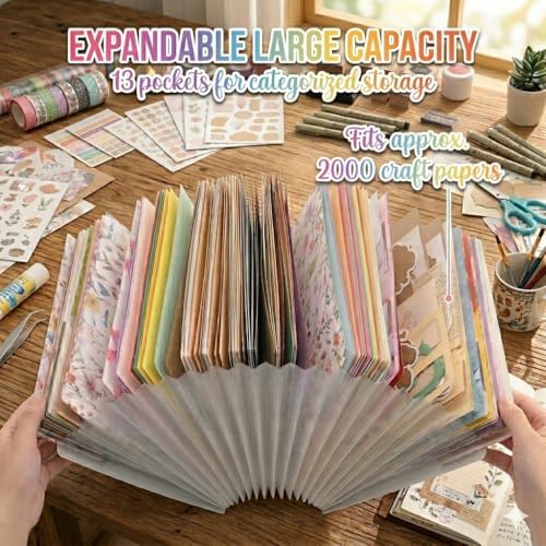 12x12 Scrapbook Paper Storage Organizer with 13 Expandable Pocket, Large Scrapbook Paper Storage for Craft Room Sticker Storage and Organization, Desktop Paper Holder (Cream)