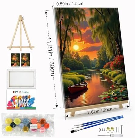 JOOZ Landscape Paint by Numbers Kit for Adults with Frame Sunset Paint by Number with Easel Boat Adult Paint by Number Kits Framed Canvas Boat Oil Painting Kits for Home Wall Decor 8x12 Inch