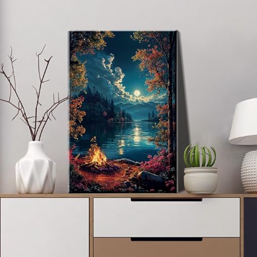 JOOZ Paint by Numbers Kit for Adults with Frame, Landscape Paint by Numbers for Adults, Moon Lake Paint by Number with Easel, DIY Acrylic Oil Painting Kit for Home Wall Decor 8 x 12 Inch