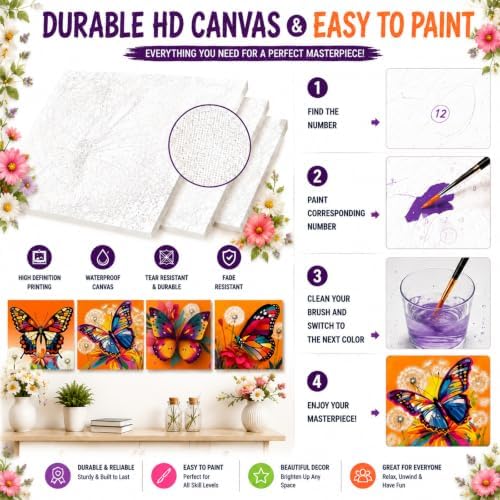 4 Pack Butterfly Paint by Numbers Kit for Kids with Frame Easel 8x8 inch