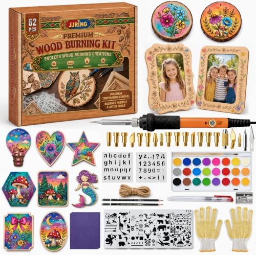 JJRING Wood Burning Kit - 62PCS Professional Wood Burning Tool With Adjustable Temperature Pyrography Pen, 24-Color Paint Set, Wood Slices & Stencils, Complete Wood burner Crafts Kit For Beginners