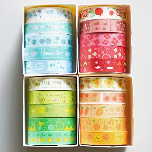 Vintage Washi Tape Set, 20 Rolls with 4 Color Holiday Washi Tape Kawaii for Bullet Journaling, Floral and Fruit 10mm Wide Art Tape for DIY Craft Scrapbooking Gift Wrapping