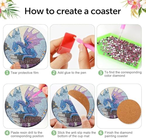 NEGEKFKX 8 Pcs Dragon Book Diamond Art Painting Coasters Kits, Coaster with Holder for Adults, Non-Slip DIY Dot Paint Craft Kits,5D Full Drill DIY Diamond Dot Gem Art Kit Home Decor Arts Craft