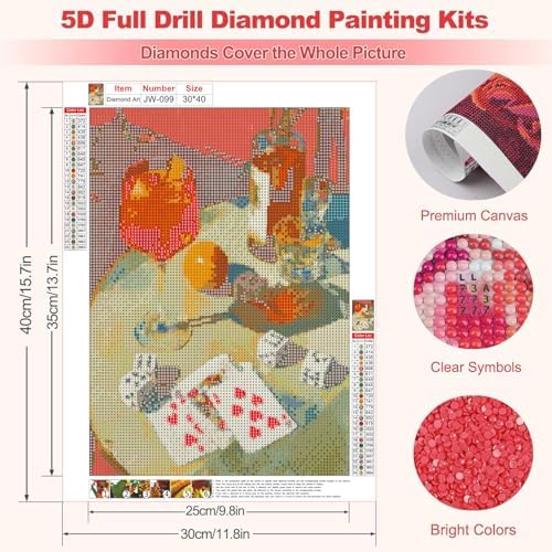 GEWOUVIN Vintage Poker Diamond Art Kits for Adults, Diamond Painting Kit Adults for Beginners, Round 5D DIY Dimond Art,Full Drill Painting Kit Art and Crafts for Adults Home Wall Decor【11.8x15.7inch】