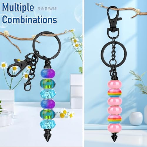 ROADPLUM 12 Pcs Beadable Keychain Bar, Black Beaded Key chain for Pendant DIY, Alloy Blank Accessories Bulk for Keychain Making Supplies Jewelry Making Gift