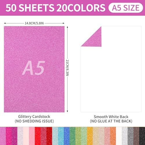 50 Sheets A5 Size Glitter Cardstock 25 Mixed Colors 92lb for Decoration