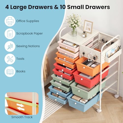 GOFLAME 14-Drawer Rolling Storage Cart with Pegboard, Craft Storage Cart with Lockable Wheels and Metal Frame, Art Cart Supply Storage Organizer for Home Office Classroom, Macaron Color