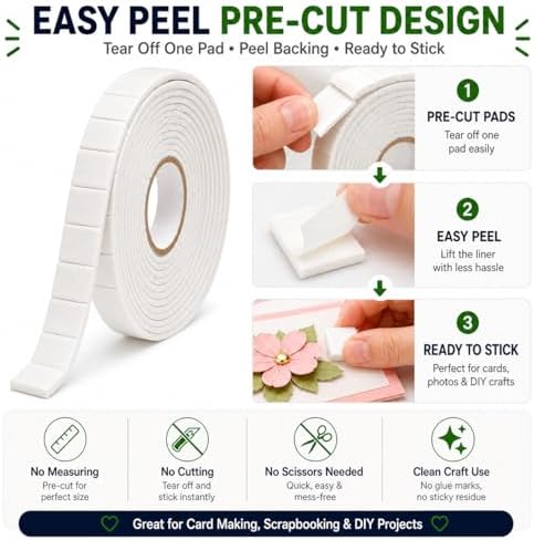 Double Sided Foam Tape, 10 FT Pre-Cut EVA Foam Tape, Approx. 230 Larger Foam Pads, 3/4 x 1/2 in Adhesive Foam Squares, 1.9mm Thick for Card Making, Scrapbooking, Photos, Crafts DIY