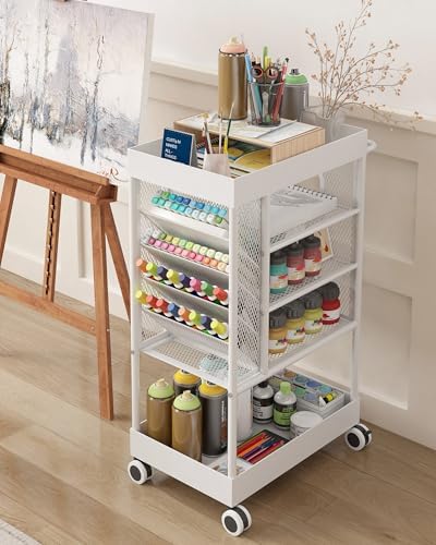 Rolling Utility Art Cart with Paint Storage & Brush Organizer,White