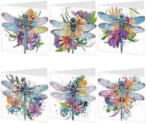 AiYuanzsh 6 Pack Diamond Art Greeting Card Kits with Envelope – Dragonfly Design Floral Crystal Rhinestone Birthday & Holiday Cards, DIY Postcards for Christmas, Thanksgiving, and Gifts