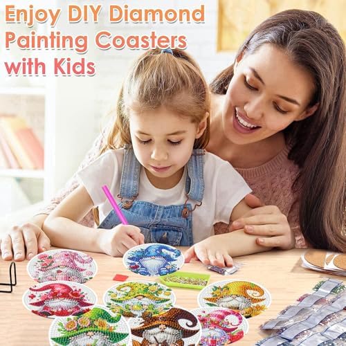 ijbnhd 8 Pack Diamond Art Coasters Kits Gnome (Cork Wooden Pad)