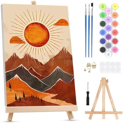 KEYIFA Paint by Numbers for Adults on Framed Canvas - with Wooden Easel, Mountain Painting by Number Kit for Beginners, DIY Sun Acrylic Paint-by-Number Kits for Home Wall Decor (8x12 inch)