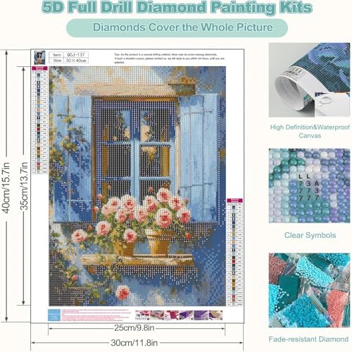 Accompany Wind Flowers Window Diamond Art Kits for Adults, 5D Window Scenery Diamond Painting Kits for Beginners,DIY Round Full Drill Diamonds Gem Art Crafts for Home Wall Decor Gifts 12x16 Inch