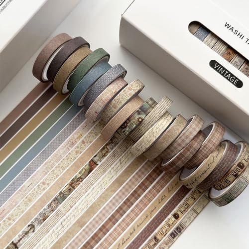 Vintage Washi Tape Set 20 Rolls Skinny Retro Decorative Antique Patterns Masking Tapes for Arts, DIY Crafts, Journals, Planners, Scrapbook, Wrapping (Vintage)