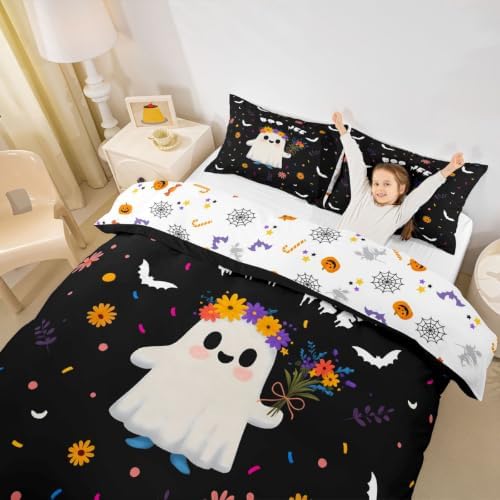 Erosebridal Spooky Ghost Duvet Cover Full Size Cute Flower Bedding Set for Kids Boys Girls Cartoon Bats Comforter Cover Kawaii Halloween Artwork Bedclothes Room Decor