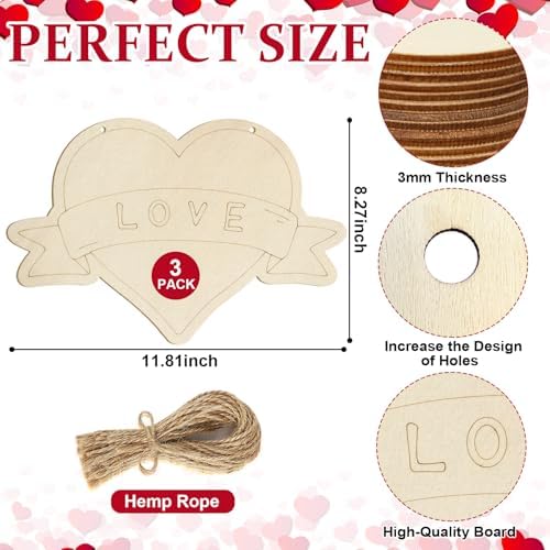 Large Size 12" Wooden Heart Ornaments to Paint, Valentine's Day Happy Mothers Day DIY Blank Unfinished Wreaths Front Door Sign Decorations Love Heart Ornament Door Hanging Sign Plaque Crafts 3PCS
