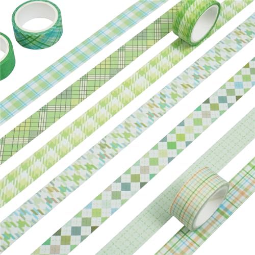 Basic Grid Washi Tape Set 12 Rolls Plaid Decorative Masking Tapes for Arts, DIY Crafts, Journals, Planners, Scrapbook, Wrapping (Green)
