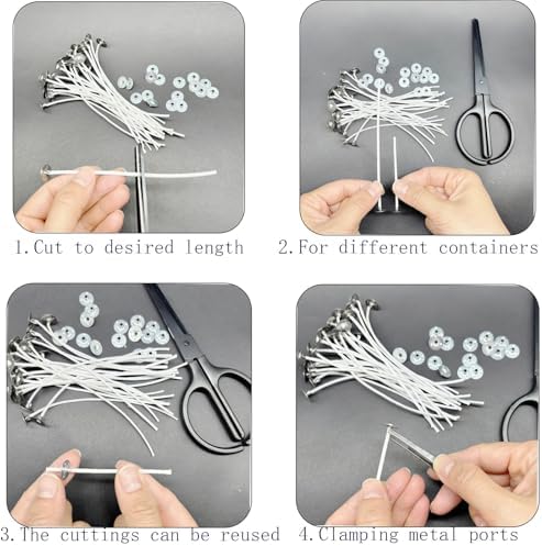 30Pcs Candle Wicks 4 Inch,40Pcs Candle Wicks 6Inch,30Pcs Candle Wicks 8 Inch,100pcs Candle Wick Stickers,Candle Wick Centering Device,20 Pcs Metal Sustainer Tabs,5pcs Candle Wick