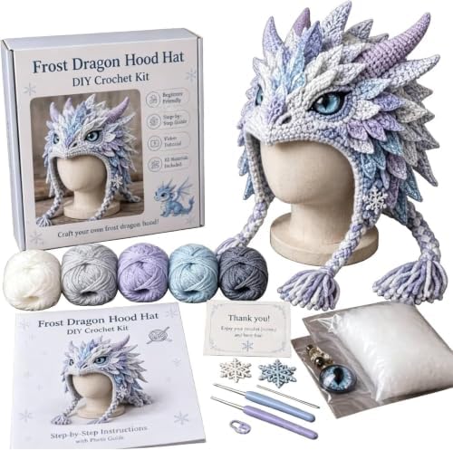 WEERSHUN Fantasy Hood Hat DIY Crochet Kit Series, Animal Hood Hat DIY Crochet Kit for Beginners, Complete Great Experience, Tutorial Guide, Yarn & Hook, Great Birthday Holiday Gift (Frost Dragon)