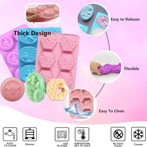3 Pack Bee Silicone Soap Molds-Hexagon Oval Round Flexible for DIY,Baking | 8 Pattern Honey Soap Making,Non-Stick,Reusable,Dishwasher Safe,for Wax Melts,Beeswax,Chocolate,Bath Bombs,Resin,Ice Cubes