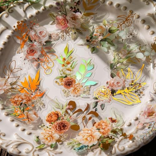 Dizdkizd Holographic Flower and Leaf Sticker Set, 240 Foil Gold Botanical Scrapbook Sticker Small Transparent Floral Decals for Journal, Planner, Photo Album, Card