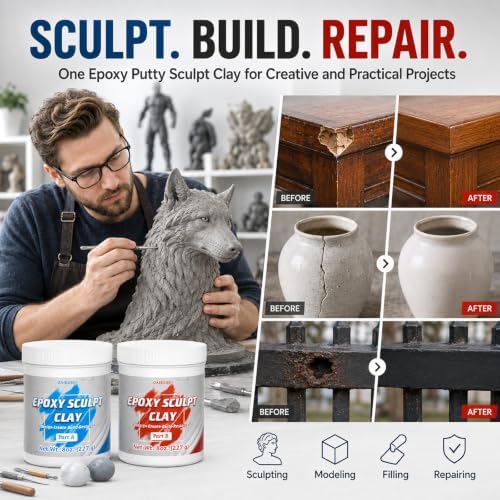 1 lb White Epoxy Putty Sculpt Clay, 2 Part Self Hardening Modeling Clay | Two-Part Epoxy Sculpting Clay That Self Hardens for Modeling, Sculpting and Repairing Metal, Wood, Ceramic, Tile and Plastic.