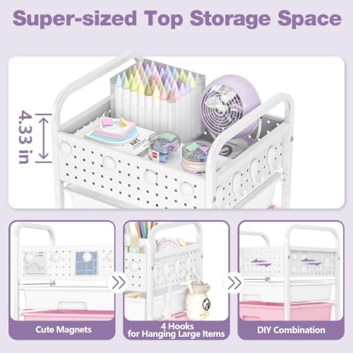 5 Drawer Rolling Storage Cart with Pegboard Top and Hooks, Dreamy Color