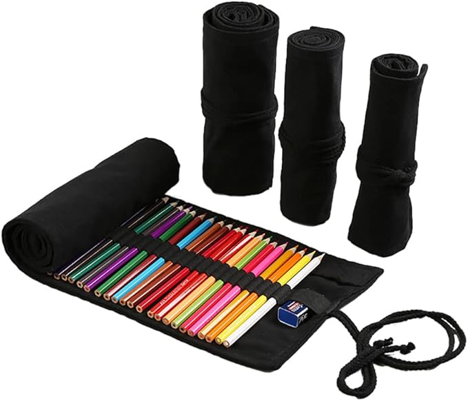 DIYOMR 24/36/72 Slots Pencil Wrap Pencil Rolls, Artist Colored Pencils Roll Up Bag Short Brushes Pouch Case Pencils Organizer for Drawing Coloring and Sketching,No Pencils (Black, 36slots)