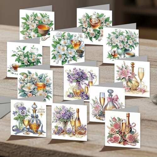 C'eitura 12Pcs Floral Drink Diamond Art Painting Greeting Card Kit with Envelopes, DIY Flower-Themed Beverage Card Making Set for Christmas Birthday Thanksgiving, Creative Handmade Card Craft